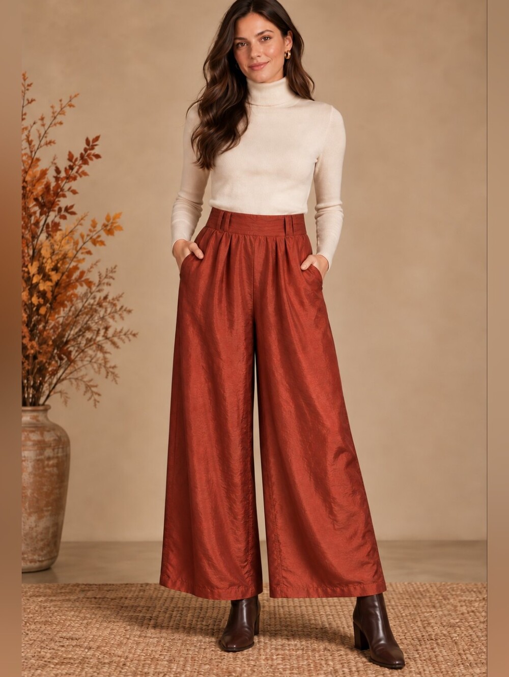 Vintage Jacqueline Ferrar 100% Silk Rust Wide Leg Pants Medium